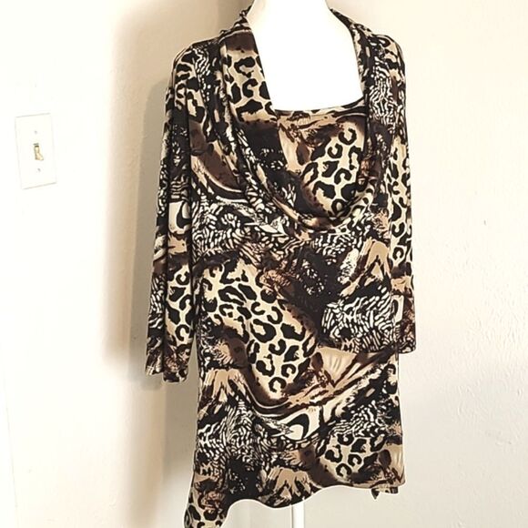 Notations Brown & Beige Animal Print Tunic with Long Cowl Neck, Size 1X - Picture 2 of 10